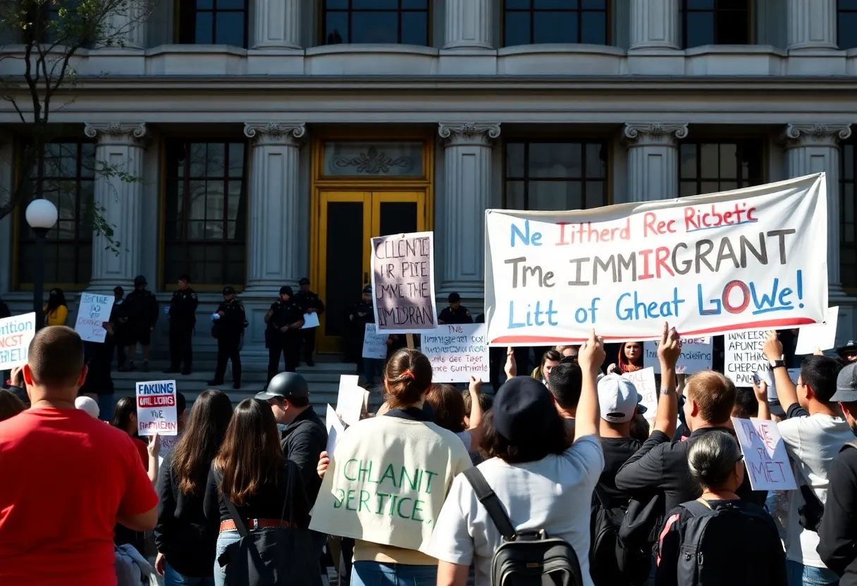 Demonstrators outside San Diego City Hall holding signs for immigrant rights