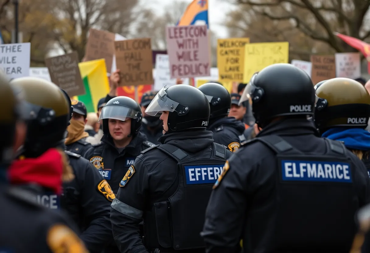 Crowd of protesters with signs and police presence