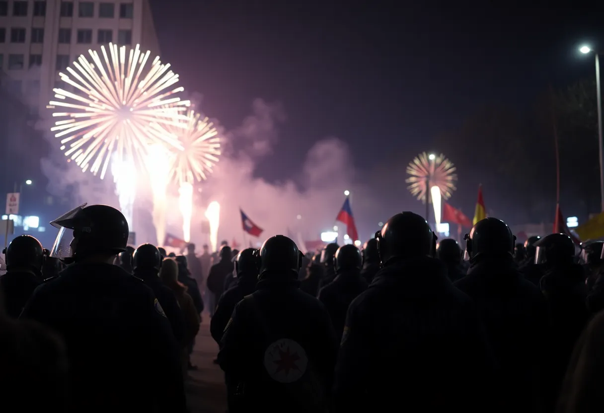 A protest scene showing law enforcement presence with symbolic clothing in the foreground.