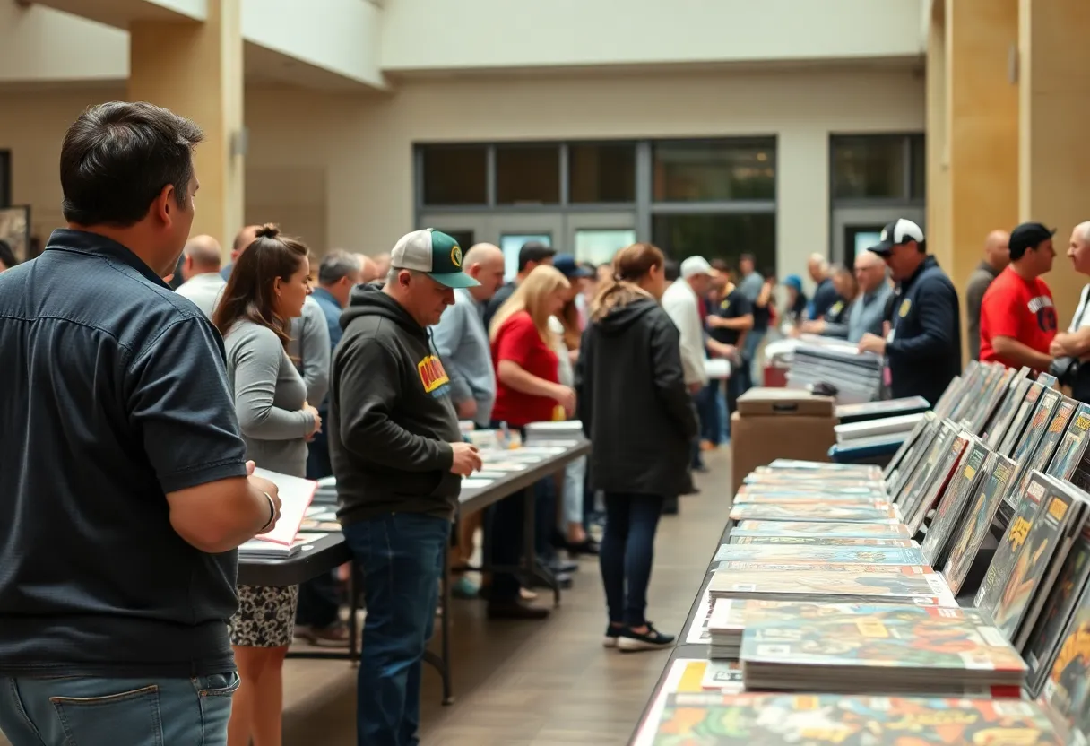 Display of recovered comic books and sports collectibles during a public viewing event.