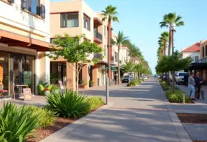 Rendering of revitalized streetscape in La Jolla with trees and pedestrian areas