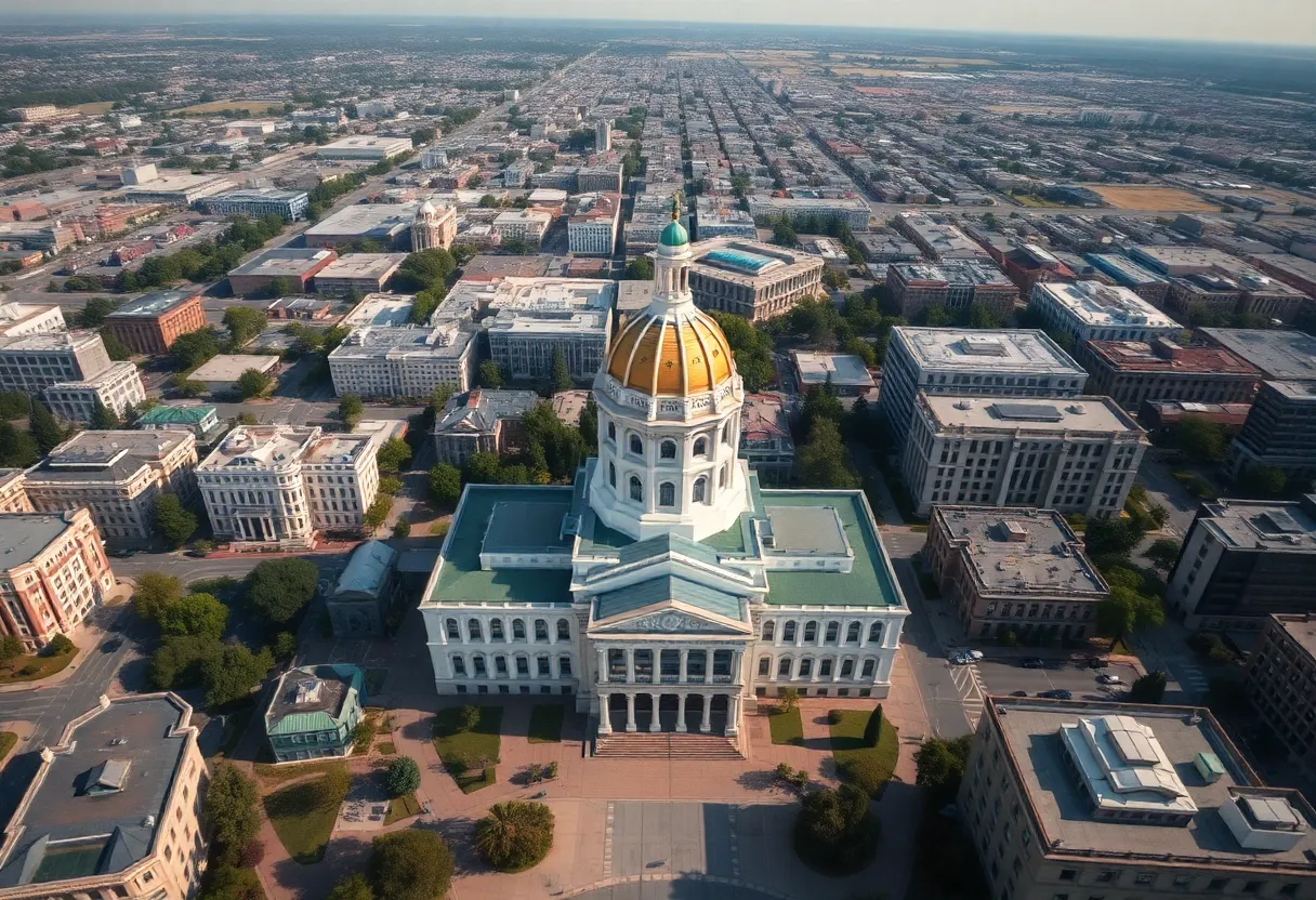 Aerial view of Sacramento highlighting fiscal management and educational infrastructure.