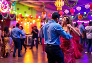 Couples dancing salsa and bachata at the festival