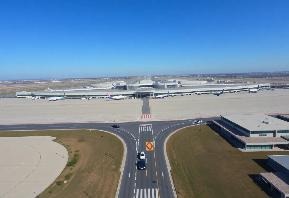 Aerial view of San Diego International Airport with vehicles on the access roads