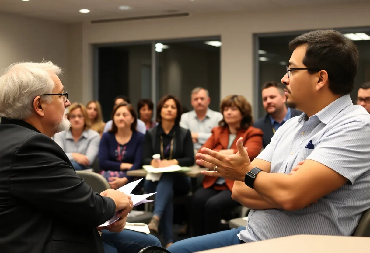 San Diego residents at a community meeting discussing trash and recycling assistance