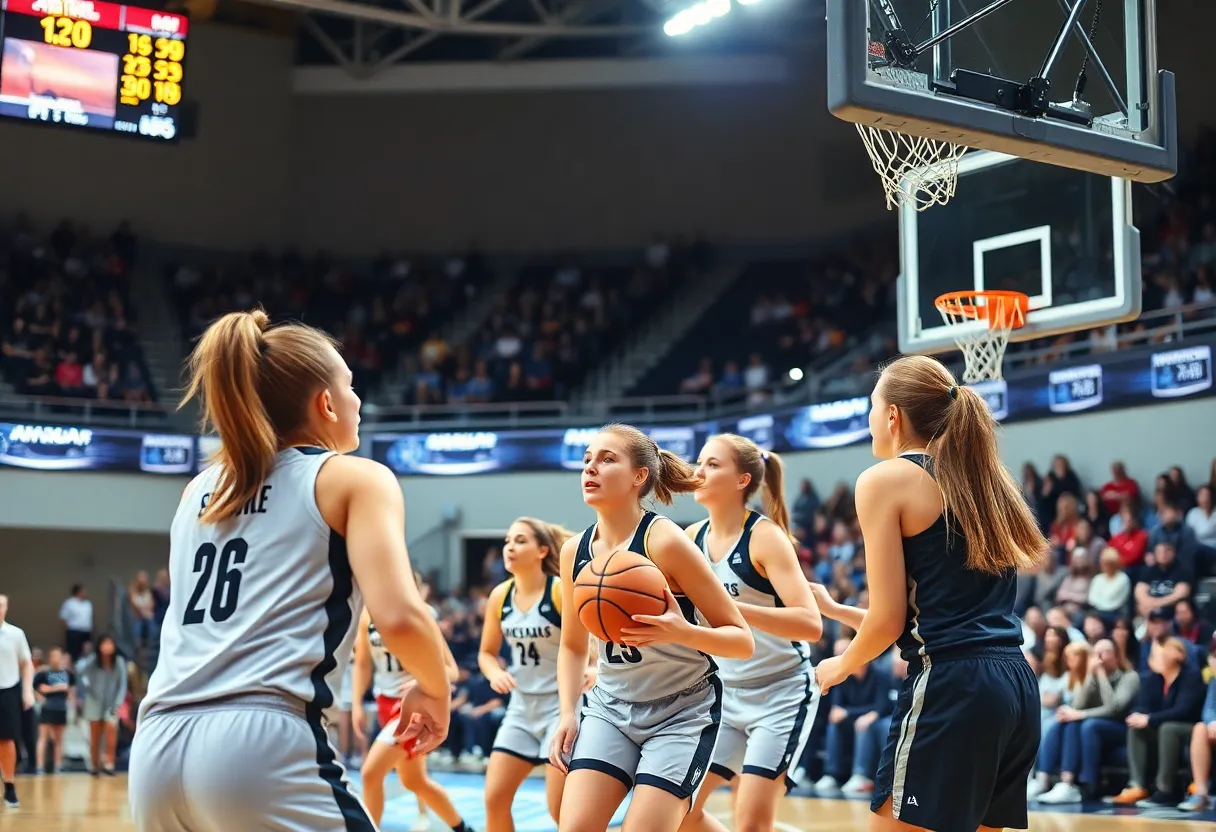 Women playing basketball, celebrating a victory in San Diego