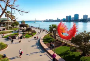 View of San Diego Bay with parks and public art installations.