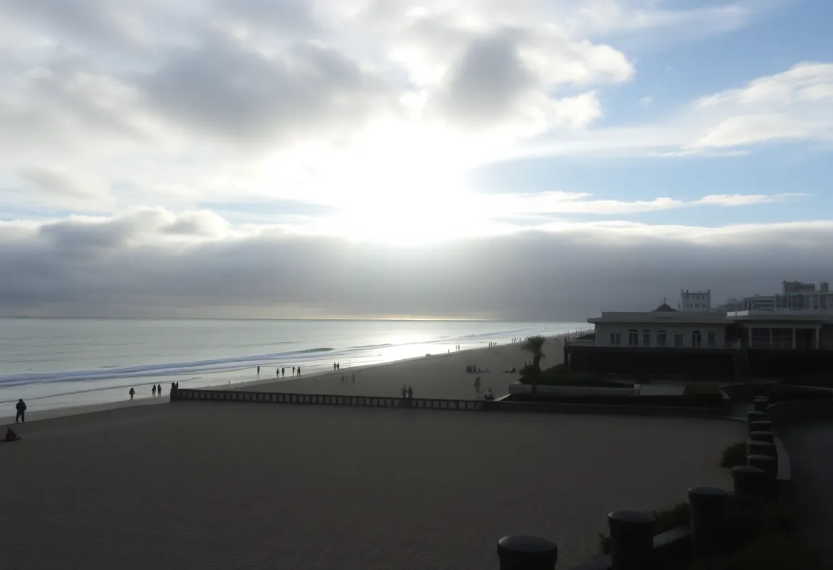 San Diego beach with cloudy skies turning sunny and people enjoying the weather