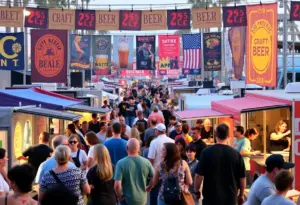 People enjoying a craft beer festival in San Diego with various booths and food trucks.