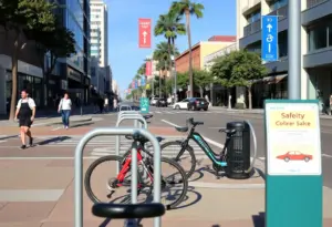 A view of a San Diego bike shop and surrounding area promoting community safety.