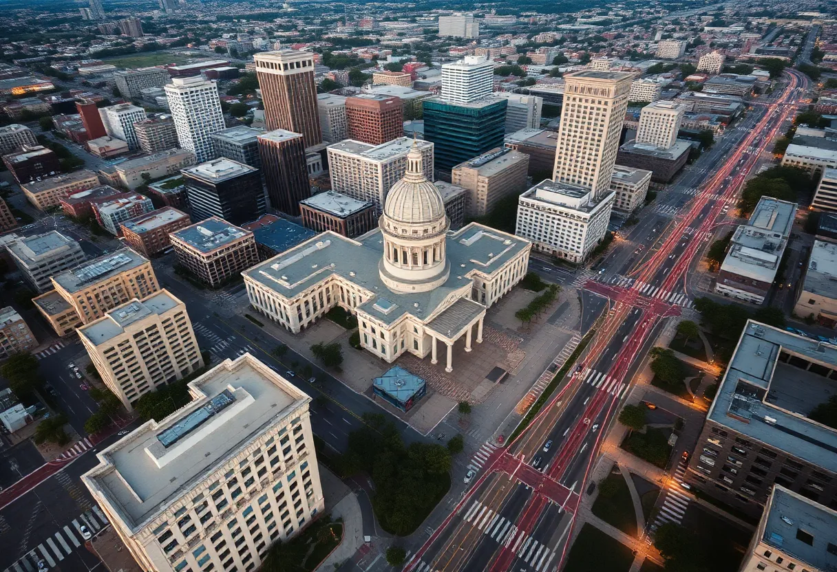 Aerial view of San Diego showcasing city infrastructure and business operations.