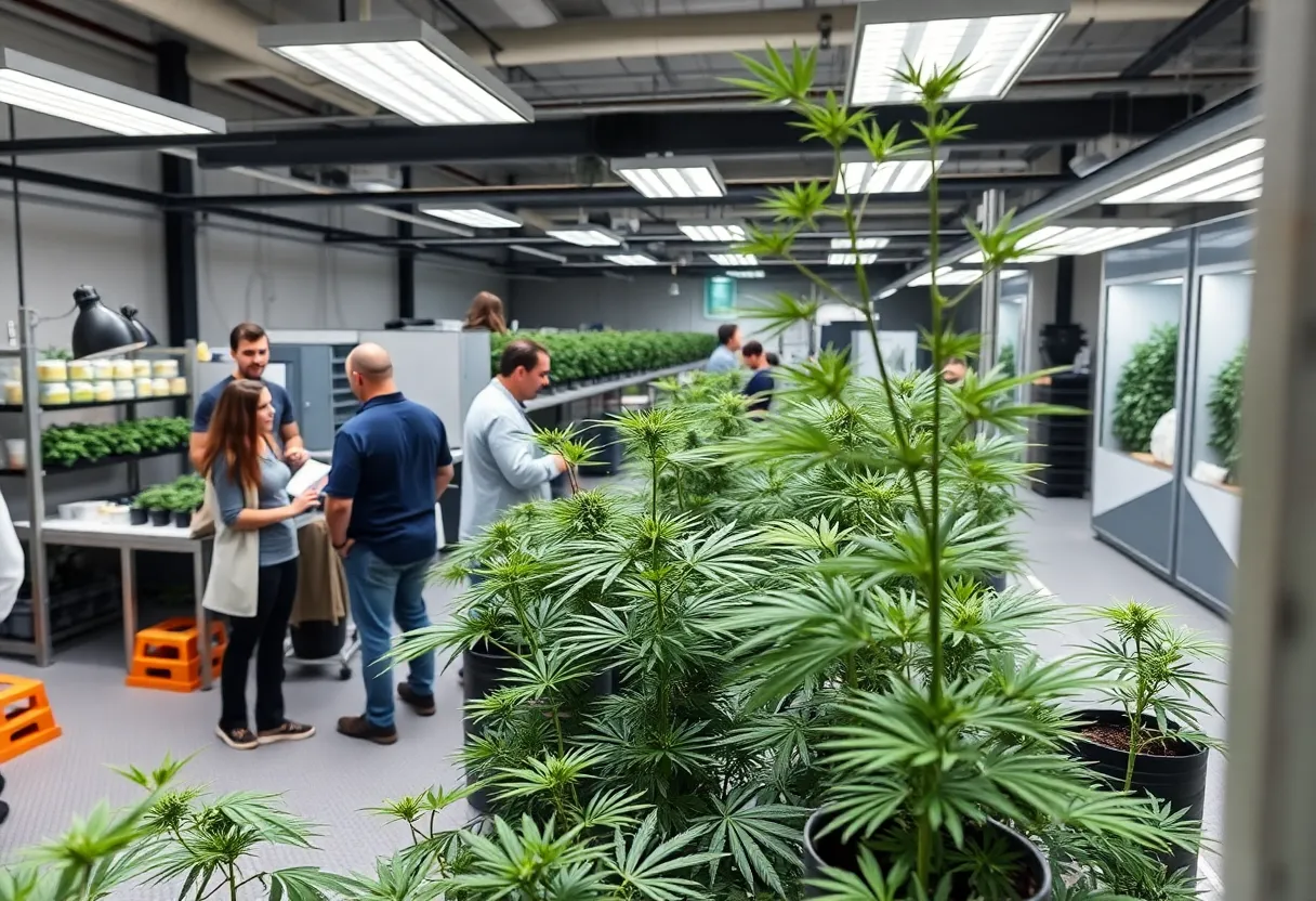 A cannabis facility in San Diego showing green plants and community interaction.