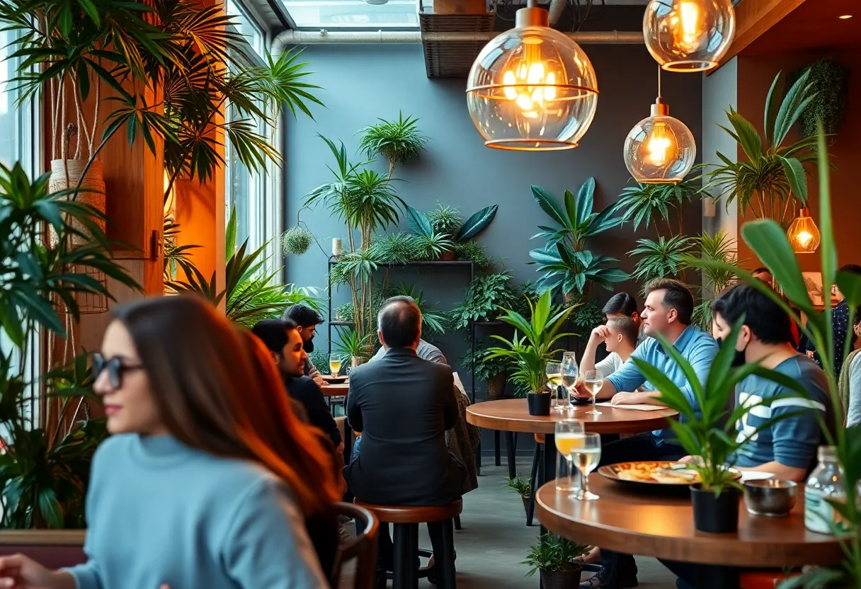 A bustling cannabis consumption lounge in San Diego with diners and greenery.
