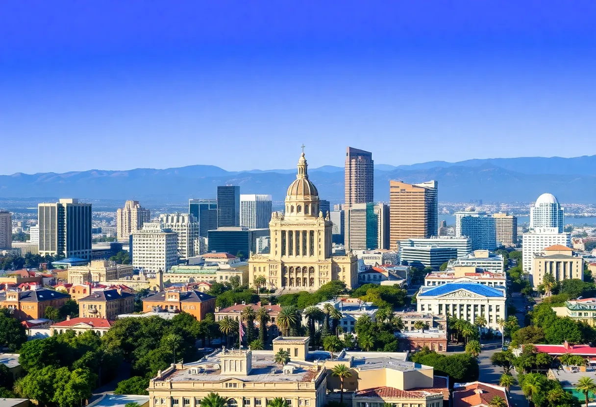 Skyline view of San Diego city hall emphasizing budget challenges