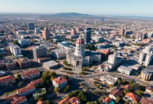 Aerial view of San Diego with cityscape and community areas.