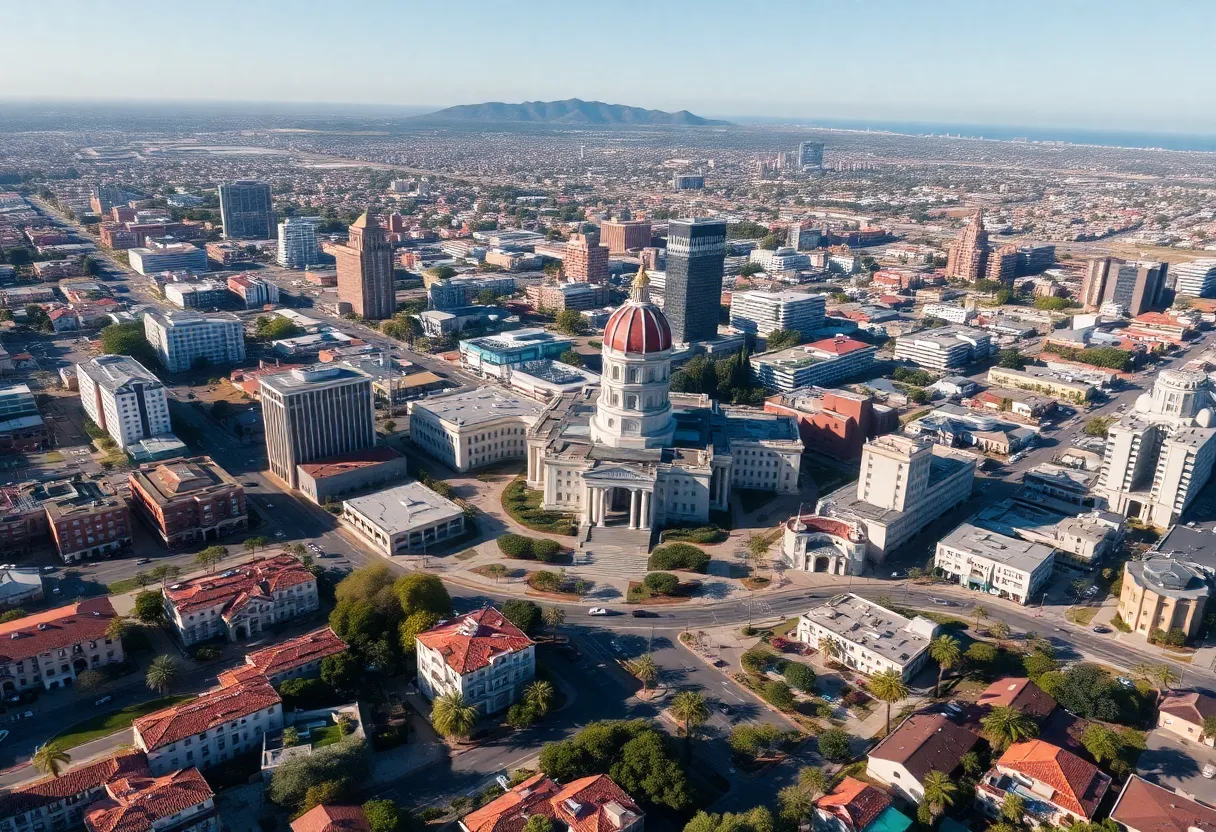 Aerial view of San Diego with cityscape and community areas.