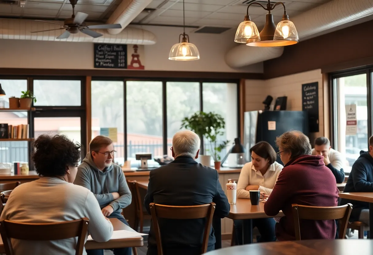 Interior of a coffee shop with community members discussing safety.