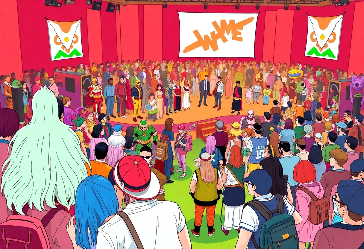 Comic-Con event illustration with fans and panels