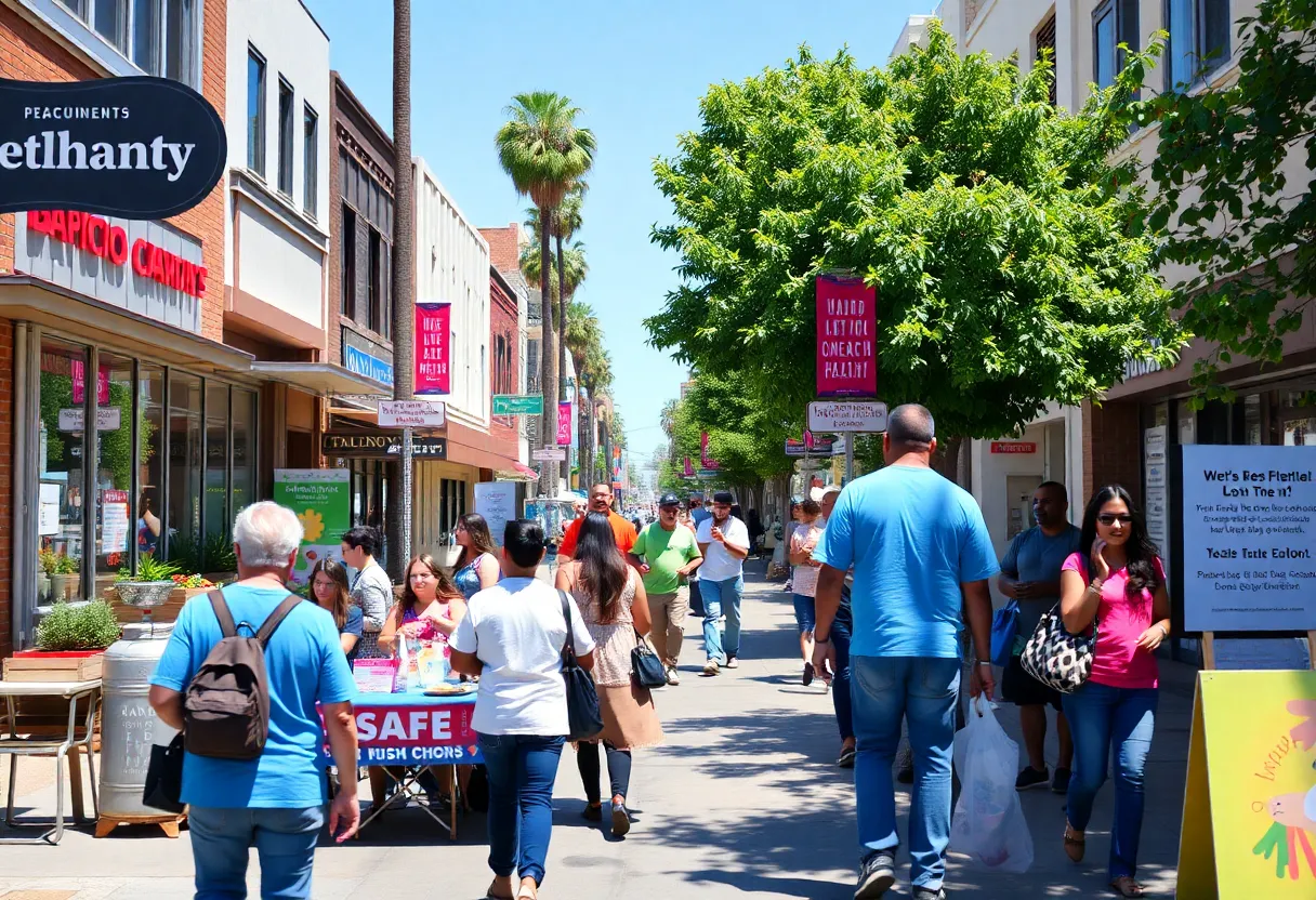 Community gathering in San Diego with local businesses and public health signs