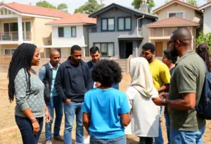 A diverse group of people working together on a housing project in San Diego.