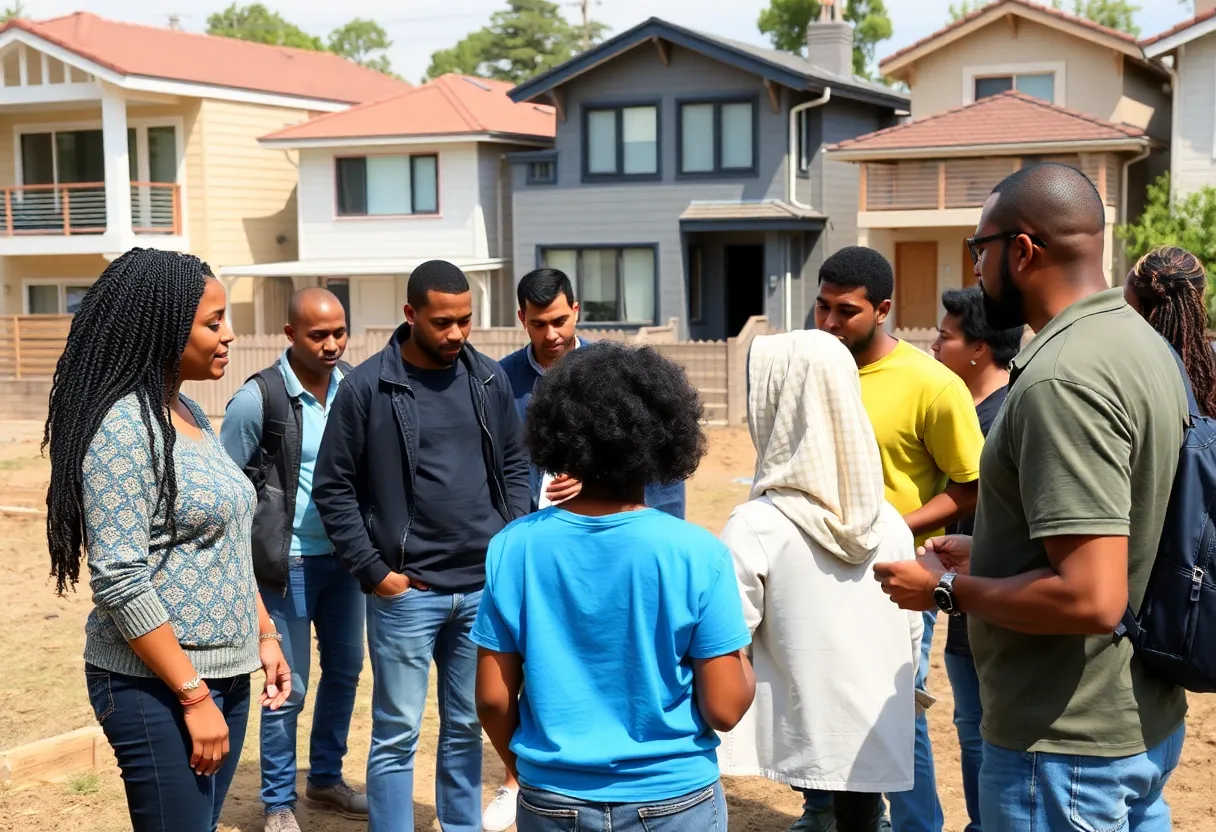 A diverse group of people working together on a housing project in San Diego.