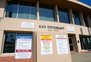 San Diego County government building with multilingual signage