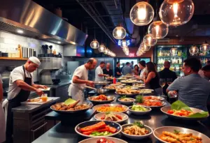 Chefs cooking and serving dishes in a lively San Diego restaurant.