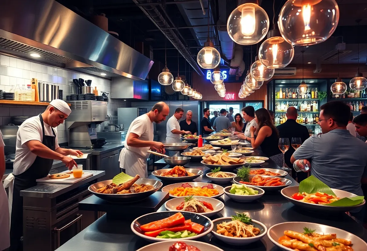 Chefs cooking and serving dishes in a lively San Diego restaurant.