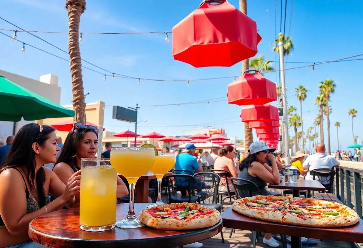 People enjoying half-off margaritas and unique pizza at an outdoor restaurant in San Diego.