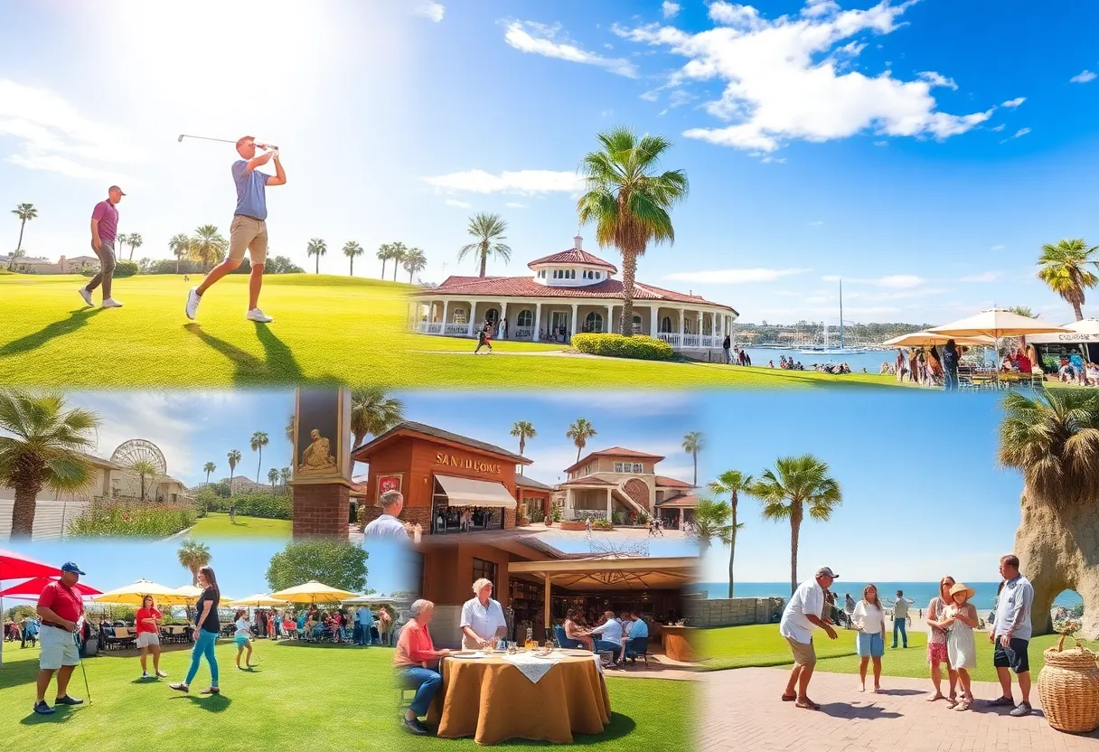A vibrant scene showcasing various San Diego events including golfing and cultural activities.