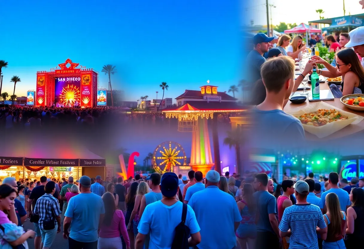 Collage of various events happening in San Diego including music festivals and family activities.