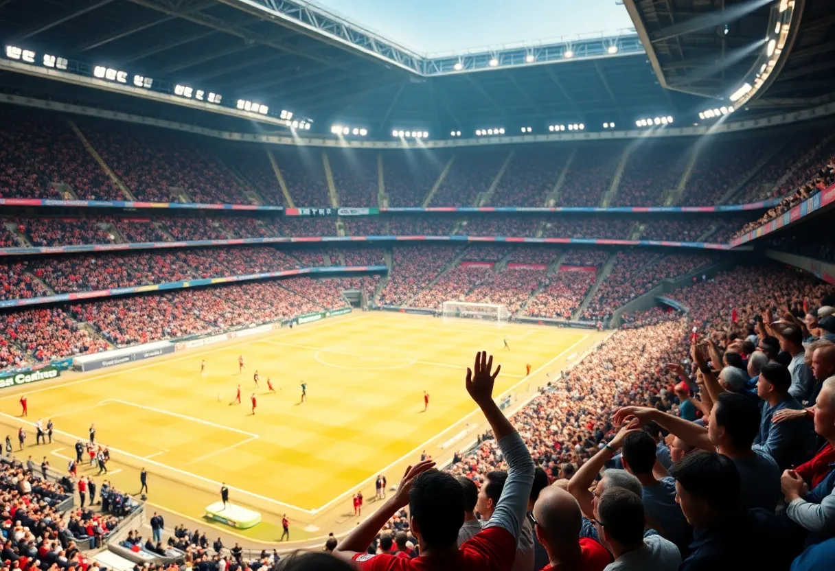 Fans cheering in a soccer stadium during a match