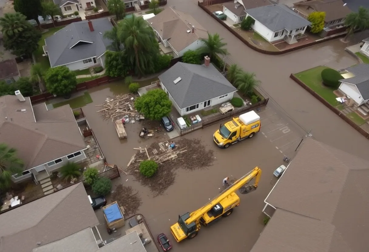 Community members cleaning up a flooded neighborhood in San Diego