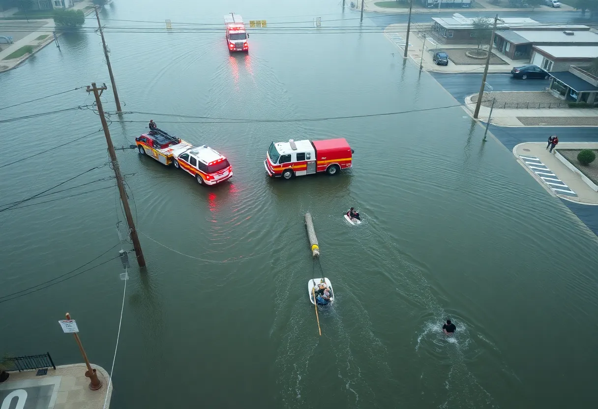 Aerial view of flooded streets in San Diego with rescue operations underway.