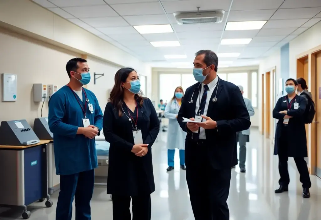 Healthcare professionals discussing in a hospital amidst economic challenges in San Diego.