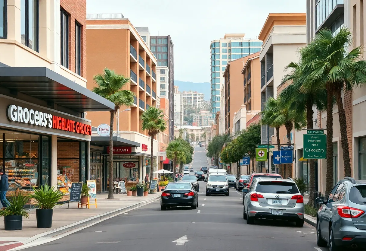Street view showcasing the high-end living conditions and grocery stores in San Diego, highlighting the city's cost of living.