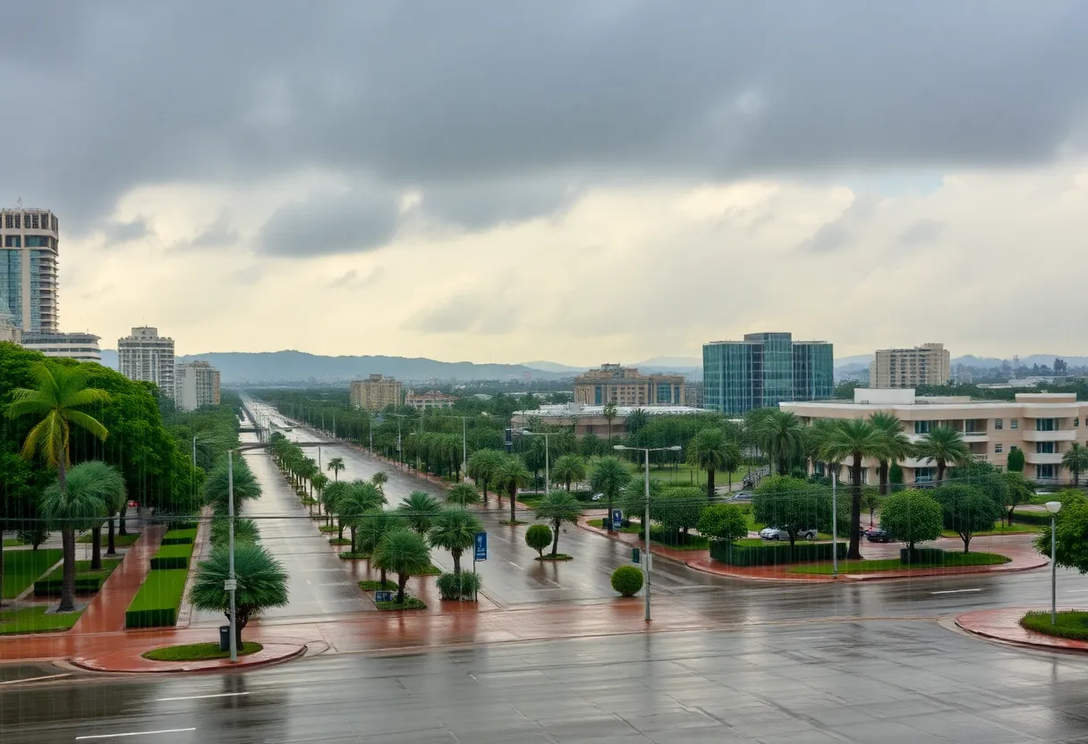 Aerial view of flooded streets in San Diego during heavy rainfall.