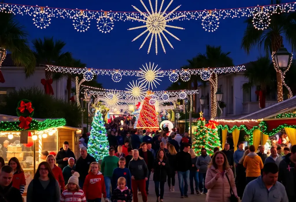 Families enjoying holiday events in San Diego with festive lights and decorations