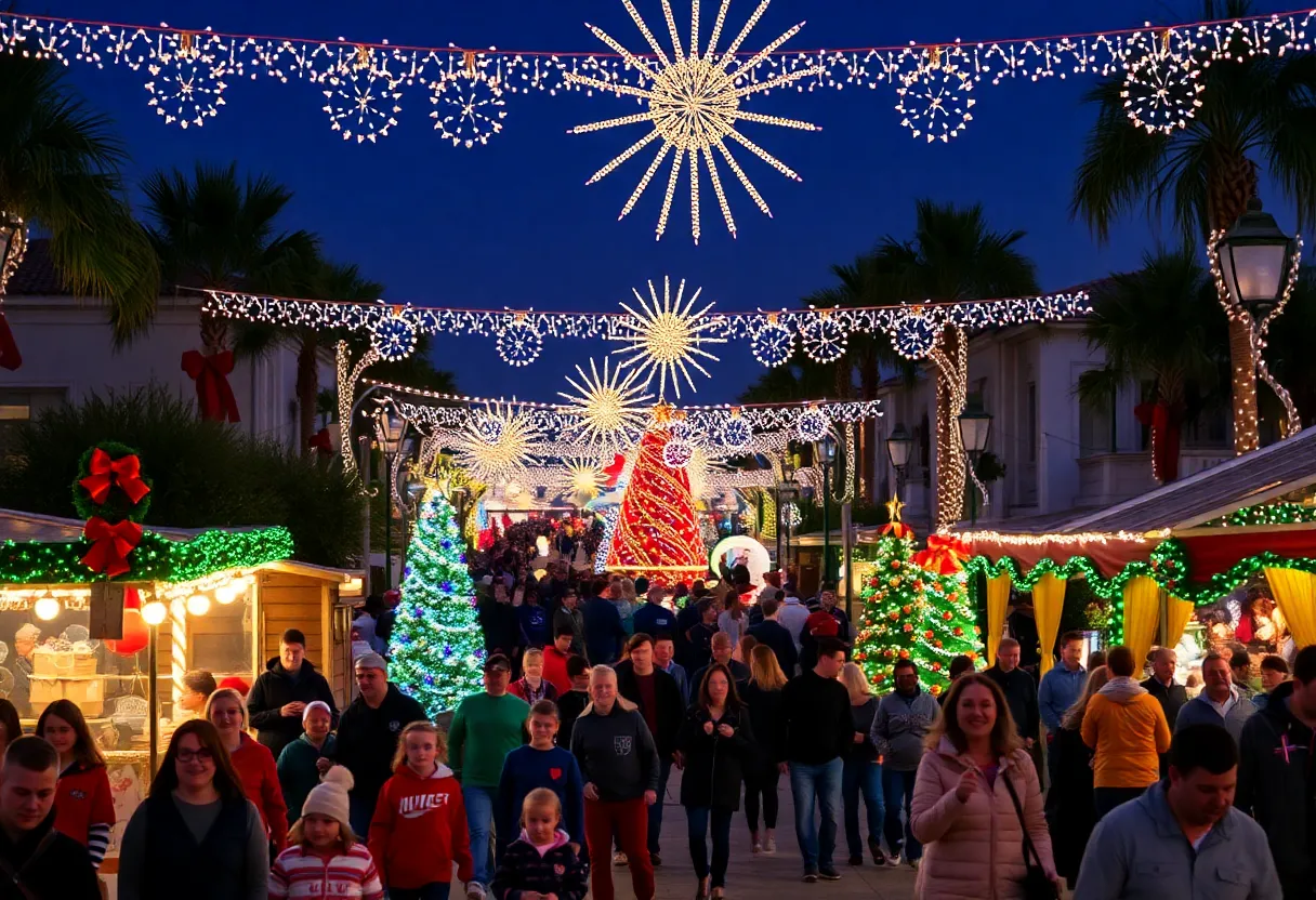 Families enjoying holiday events in San Diego with festive lights and decorations