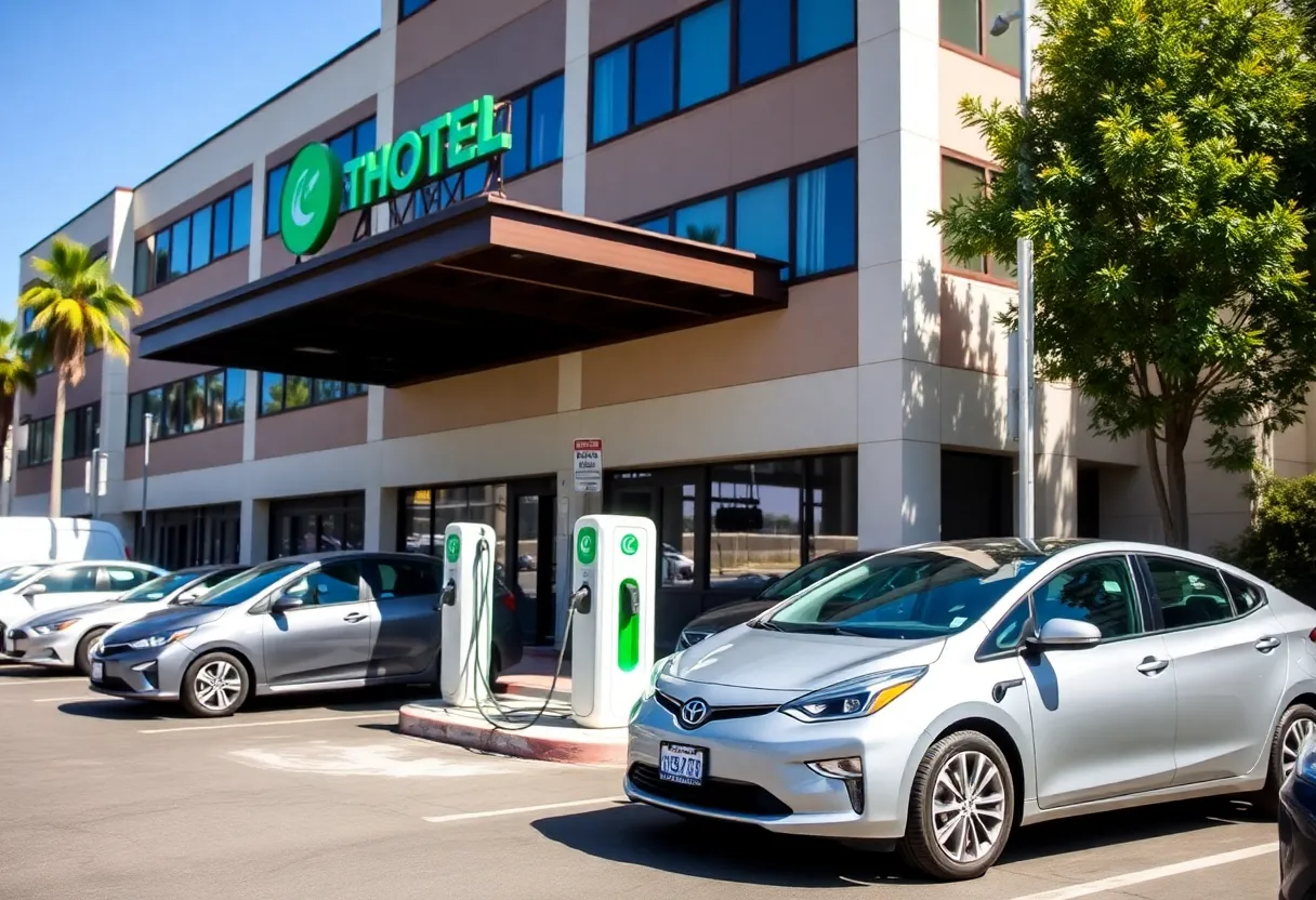 Electric vehicle charging stations at a hotel in San Diego.