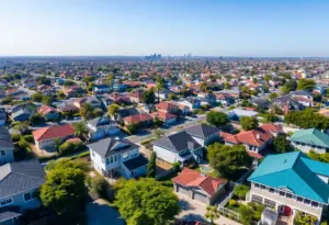 Aerial view of houses in San Diego reflecting the local housing market.
