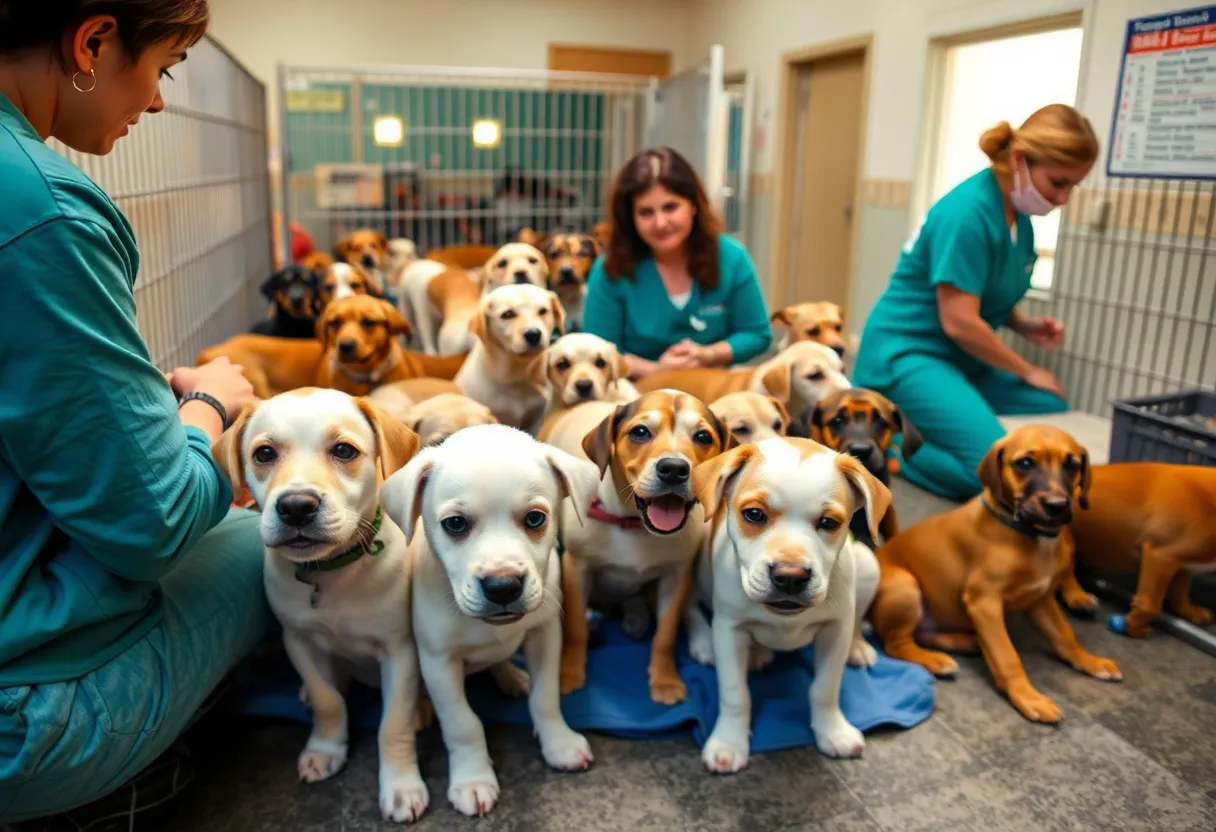 Forty rescued dogs and puppies being cared for at the San Diego Humane Society