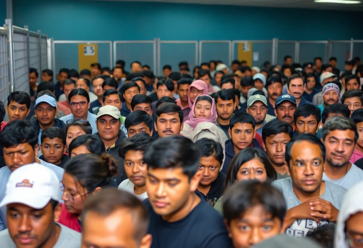 Crowded detention center in San Diego highlighting immigration enforcement issues.