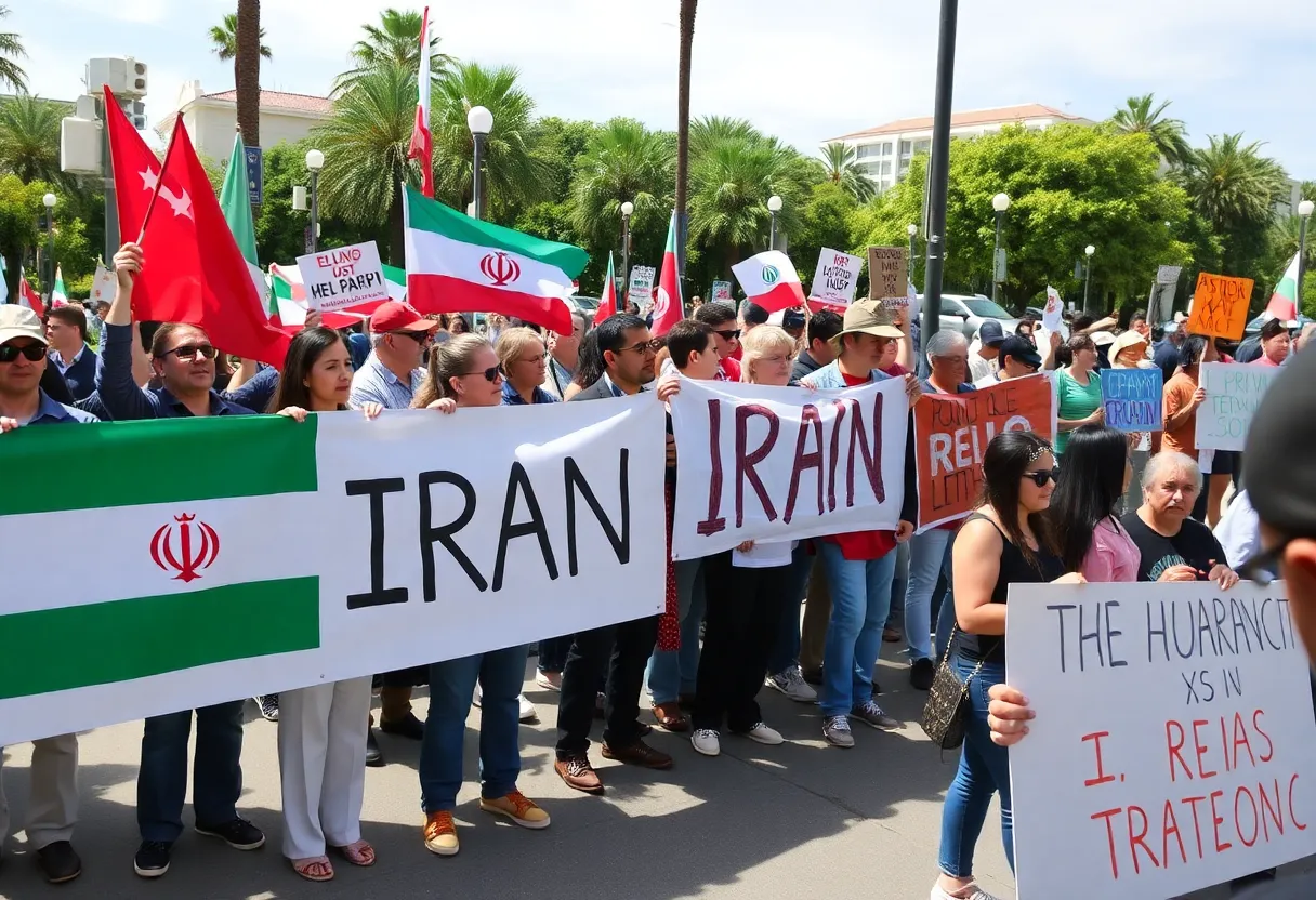 Protesters holding banners at the San Diego rally for freedom and reform in Iran.