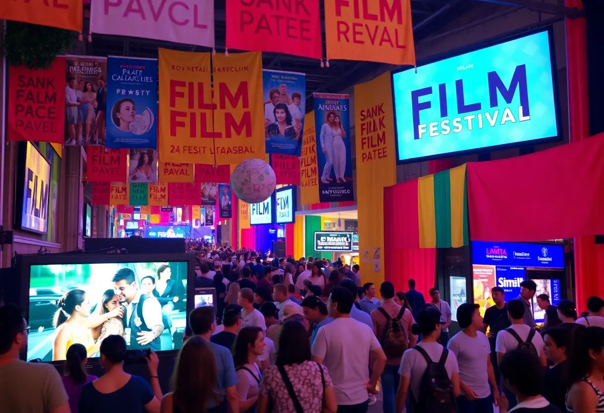 Scene from the San Diego Latino Film Festival featuring a film screening and excited attendees.