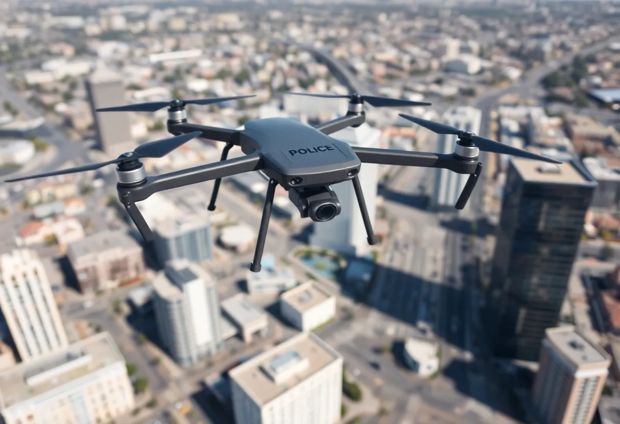 Police drones flying over San Diego cityscape