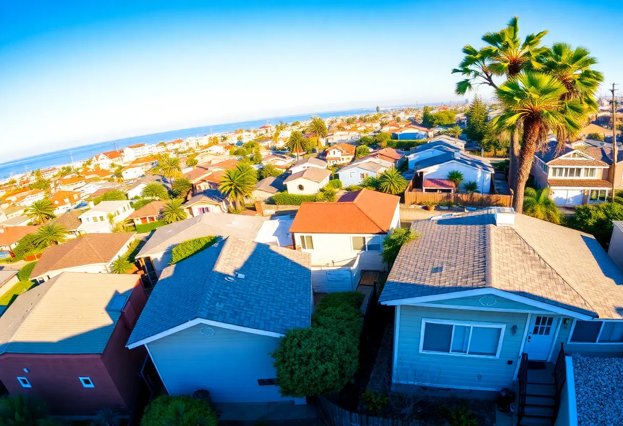 Aerial view of San Diego housing showing diverse home styles and ages.
