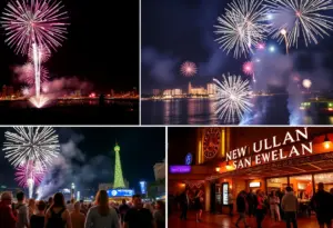 A lively New Year's Eve celebration in San Diego with fireworks and crowds.