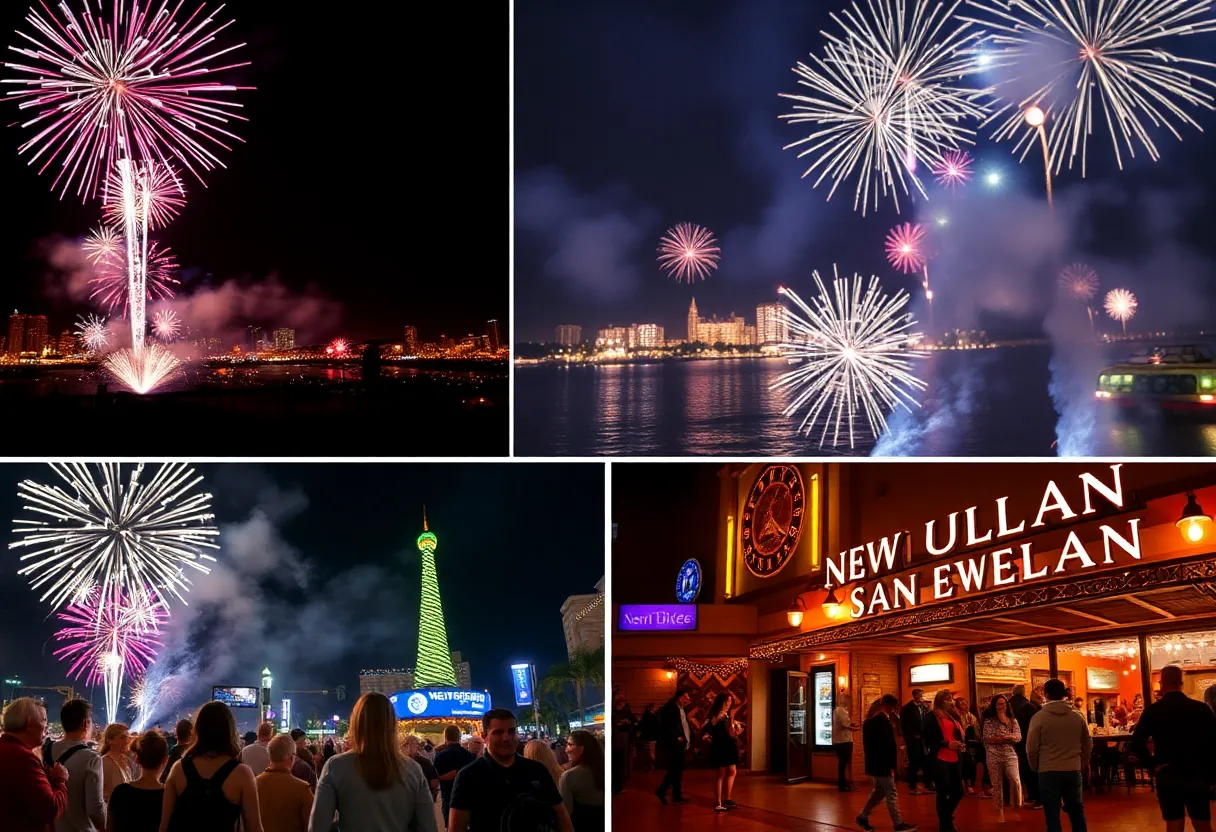 A lively New Year's Eve celebration in San Diego with fireworks and crowds.