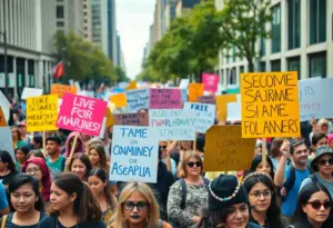 Crowd marching in San Diego protesting in support of Minneapolis residents